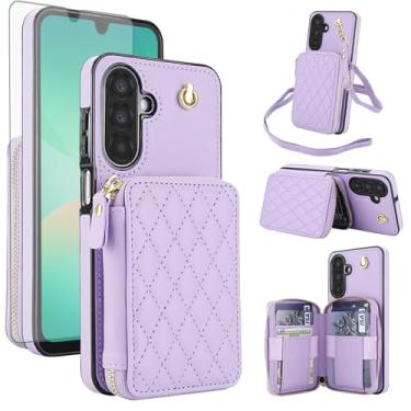 Imagem de Capa de celular para Samsung Galaxy A26 5G carteira de celular com protetor de tela de vidro temperado alça transversal de pulso suporte de cordão com bloqueio RFID slot para cartão de crédito A 26