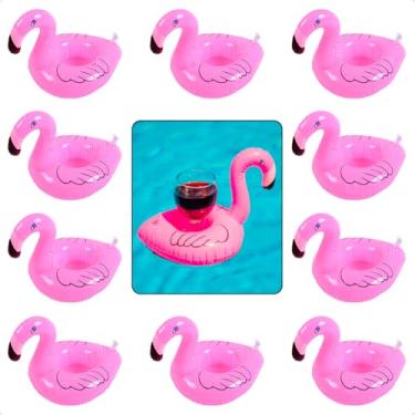 Imagem de Kit 10 Porta Copos Boia Inflavel Piscina Varios Formatos Porta Lata Brinquedos para Piscina (Flamingo)