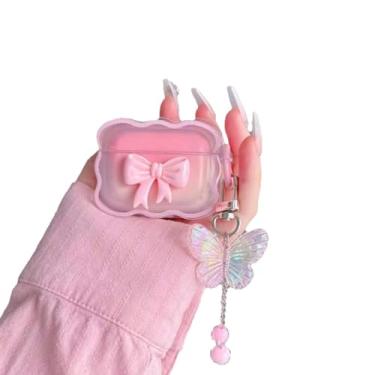 Imagem de GO-VOLMON Capa fofa para Airpods 4 com alça feminina, Kawaii, macia, protetora para Airpods 4ª geração com adorável chaveiro cordões design estético, laço rosa e pingente de borboleta