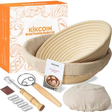 Imagem de Cesta à prova de pão, cesta à prova de pão Kikcoin Banneton, conjunto de 2, 23 e 25 cm, cesta redonda à prova de fermento com forro de linho, pão, batedor de massa