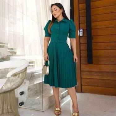 Imagem de Vestido mídi saia Plissada crepe de malha com elasticidade gola polo c