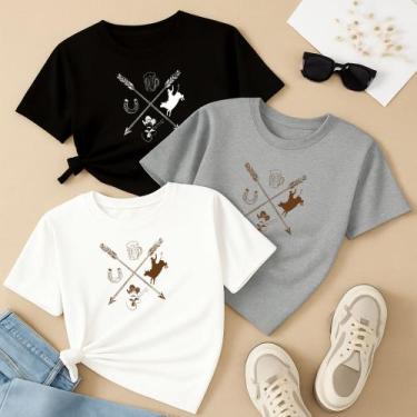 Imagem de Kit com 3 Camisetas Estampadas Flechas Peão COuntry Roça Fazendeira Sh