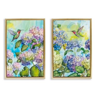 Imagem de Stupell Industries Conjunto de tela flutuante com moldura dourada de beija-flores e hortênsias por Tim Coffey, 78 x 53 cm