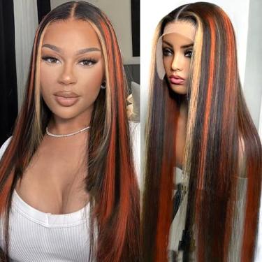 Imagem de 1B/Perucas Lisas Listradas Ginger e Loiro Cabelo Humano 33 x 10 Gengibre Laranja Loiro Destaque Lace Front Peruca Colorida Sem Cola Pré-Arrancada Com Cabelo de Bebê Densidade 180 66 Polegadas para