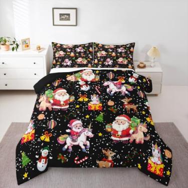 Imagem de Feelyou Conjunto de edredom com tema de Natal preto, solteiro, unicórnio, Papai Noel, árvore de Natal, veado, floco de neve, boneco de neve, bengala doce, edredom para decoração de quarto