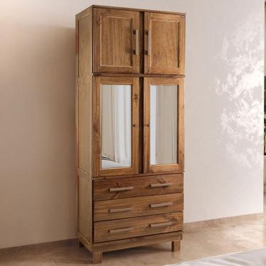 Imagem de Guarda-Roupa Solteiro Barnabé 4 Portas 3 Gavetas  com Espelho Madeira Maciça Castanho - Pnr Móveis
