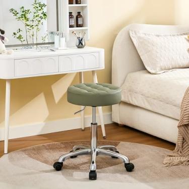 Imagem de FIRAVOE Banco giratório com rodinhas com altura ajustável de 50,8 a 68,5 cm (base de alumínio resistente) (rodas silenciosas) banquetas de salão para cabeleireiro (verde)