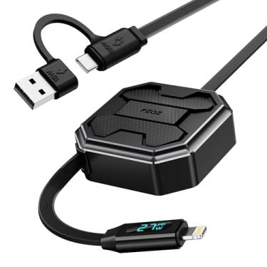 Imagem de pzoz Cabo de carregamento retrátil 2 em 1 de 30 W com tela de LED, multi USB C e USB A para Lightning para iPhone 14 13 Pro Max iPad mini para carro CarPlay Desktop Management Organizer