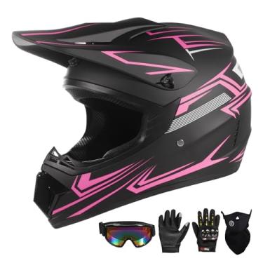 Imagem de Capacetes infantis de motocross para motocicletas infantis ATV Bump Safty Capacete de motocicleta de rosto inteiro Off-Road Mountain Bike Capacete com luvas de óculos aprovado pelo DOT (rosa, GG)