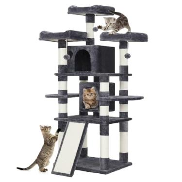 Imagem de Árvore interna para gatos de 167 cm/prateleira de escalada para gatos grandes/torre com condomínio/poleiro de pelúcia aconchegante/canto para gatos escalando árvore/poste arranhador de sisal e rede