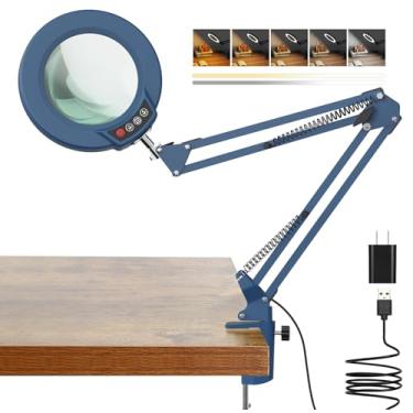 Imagem de Lupa de 10 x com luz e grampo, lupa iluminada com suporte de vidro real, 5 modos de cores, lâmpada de mesa de LED regulável contínua, mãos livres para artesanato, passatempo, leitura, pintura, costura