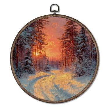 Imagem de Giosve Pôster emoldurado vintage de pinheiro de inverno redondo em tela, aconchegante casa de fazenda, pôr do sol, floresta nevada, paisagem, pendurar na parede, para decoração de casa, quarto, sala