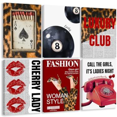 Imagem de Arte de parede de leopardo vermelho Cheetah Estética na moda decoração de parede em tela 8 pôsteres de bola leopardo Y2k imagens de coquete preppy pintura elegante para dormitório feminino 20 x 25 x