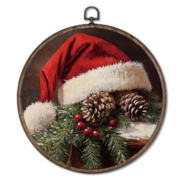 Imagem de Giosve Pôster emoldurado vintage rústico de Natal em tela redonda, chapéu de Papai Noel para decoração de casa, quarto, sala de estar, 25 x 25 cm