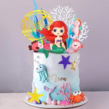 Imagem de 17 PCS Mermaid Cake Toppers Ocean Animals Under the Sea Cake Decorations with Ariel Model for Mermaid Under the Sea Theme Baby Shower Birthday Party Supplies (style 1)