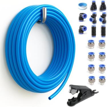 Imagem de Sctihwelire Kit de tubulação de ar PU 8 mm ou 5/40.6 cm OD x 5 mm ID - Mangueira flexível azul de 10 m com encaixes de pressão para conectar, cortador de tubo - Kit de linha de ar pneumático para