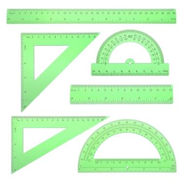 Imagem de Conjunto de 6 peças de régua de plástico verde inclui conjunto de geometria matemática triângulo reto de 30 e 15 cm, ferramenta de medição, material escolar, réguas, para escola, escritório, desenho
