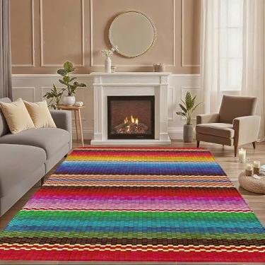 Imagem de Tapete étnico mexicano para sala de estar, 12 x 18 cm, com listras arco-íris, lavável à máquina, macio, resistente a manchas, tapete grande para quarto, casa de fazenda, sala de jantar, sala de jogos