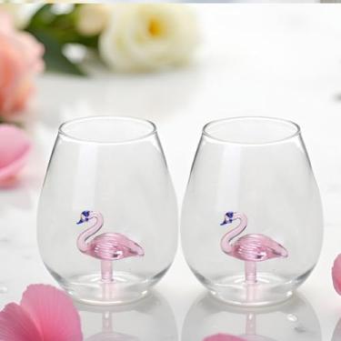 Imagem de Conjunto de 2 taças de vinho sem haste com flamingo, item 3D exclusivo feito à mão, grande capacidade de 500 ml, presentes para festas, aniversários, casamentos (500 ml, 500 ml, rosa)