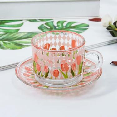 Imagem de INSTR Conjunto pequeno de copo e pires de tulipa fresca em copo de café da tarde xícara de café pires prato de café da manhã sobremesa