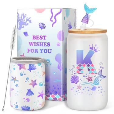 Imagem de Presentes de aniversário para meninas, copos de vidro com inicial monograma, copos de vidro de cauda de sereia de 473 ml com tampa e canudo, presentes de sereia personalizados para meninas de Natal |