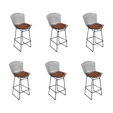 Imagem de Kit 6 Banquetas Bistrô Bertoia Preta D70 Com Assento Marrom