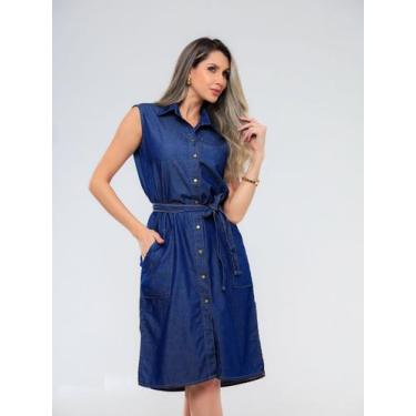 Imagem de Vestido Chemise Jeans Midi Feminino com Fechamento Frontal em Botões, 