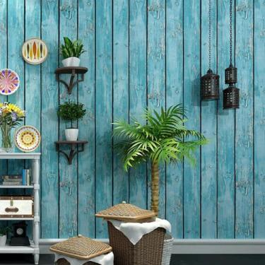 Imagem de ESSMOKO Papel de parede estilo mediterrâneo retrô envelhecido barra de grão de madeira loja de roupas PVC grão de madeira impermeável papel de parede retro azul 53 * 950 cm