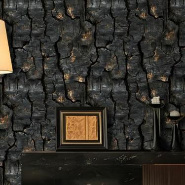 Imagem de ESSMOKO Papel de parede madeira queimada PVC impermeável quarto sala de estar autoadesivo papel de parede renovação móveis adesivos preto 45 * 300 cm