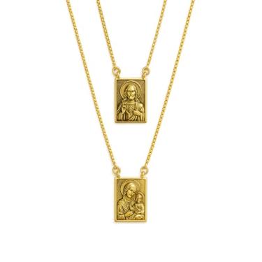 Imagem de AURUM SEMIJOIAS Escapulário Sagrado Coração de Jesus e Nossa Senhora do Carmo, Corrente Veneziana, Feminino e Maculino, 60cm, Dupla Face, Pingente de 10mm x 15mm, Dourado, Folheado a Ouro, Semijoias Finas, Estilo Religioso, Cristão, Cristá, Fé, Moda Católica.