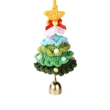Imagem de Árvore de Natal de crochê, enfeite de árvore de Natal de crochê feito à mão com sino de tricô para pendurar no carro para espelho de carro