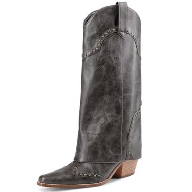 Imagem de RONILURN Botas femininas de tubarão, dobráveis, cano médio, salto grosso, bico fino, caubói, cowgirl, cravejada, para mulheres, Cinza, 36