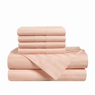 Imagem de Casa Platino Conjunto de lençóis 100% algodão egípcio tamanho casal - 6 peças - listras damasco - 1000 fios - conjunto de lençóis de cama de cetim ultra suave com bolsos profundos de 38 cm - rosa