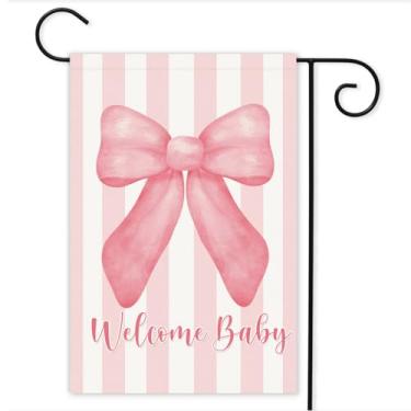 Imagem de Bandeira de jardim dupla face de 30,5 x 45,7 cm para chá de bebê – laço rosa e faixa de quintal "Welcome Baby", placa decorativa de boas-vindas ao ar livre para celebração de recém-nascidos, decoração