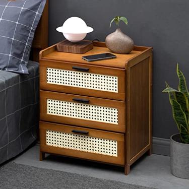 Imagem de Mesa de cabeceira simples e moderna rack pequeno armário de cabeceira mesa lateral de armazenamento para quarto de aluguel, mesa de cabeceira com várias gavetas de malha de vime (cor 1 42 x 31 x 50 cm