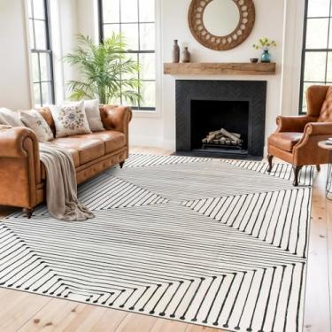 Imagem de Rugshop Tapete de área lavável com listras boêmias, antiderrapante, 2,5 m x 30 cm, marfim