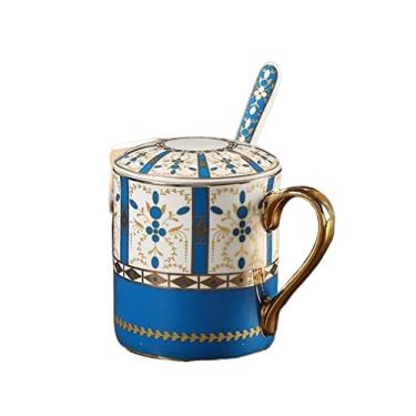 Imagem de WYUYIWH Caneca de porcelana de osso estilo europeu com colher de tampa grande capacidade copo de cerâmica dourada criativa escritório leite café xícara de café (cor: azul)