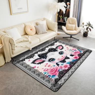 Imagem de Feelyou Tapete infantil fofo de vaca Highland para sala de estar, 12 x 18 cm, desenho animado de gado das montanhas, tapete decorativo, para quarto, meninos, meninas, flores, estampa floral, tapete