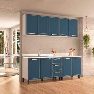 Imagem de Cozinha Modulada 4 Peças sem Pia Amara Politorno Móveis - Branco com Azul