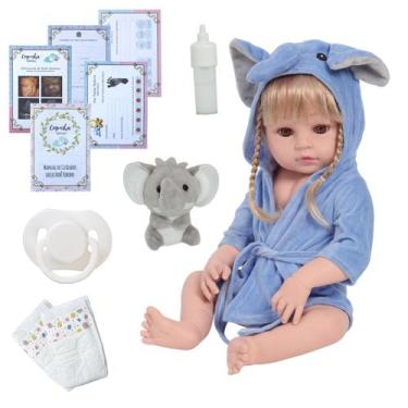 Imagem de Bebê Reborn Loira 100% Silicone Roupão Elefantinho Itens - Cegonha Reb