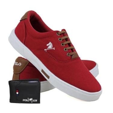Imagem de Kit Tênis Masculino Polo Joy Lona Amarração + Carteira, 45, Vermelho