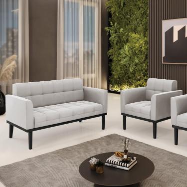 Imagem de Conjunto Poltrona e Namoradeira Decorativa Karen Pés Fixo em Madeira Preto Veludo Cinza G19 - Gran Belo