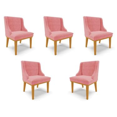 Imagem de Kit 5 Cadeiras Decorativas Sala de Jantar Base Fixa de Madeira Firenze Suede Rose/Castanho G19 - Gran Belo