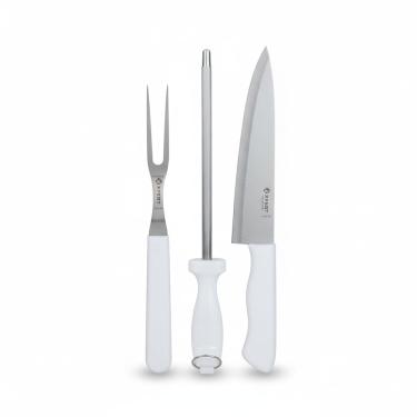 Imagem de kit Para Churrasco 3 Peças Original Line Linha Cook Faca Garfo Trinchante e Chaira Afiadora em Aço Inox com Cabo Branco Resistência Precisão e Estilo para o Seu Churrasco