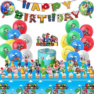 Imagem de 189 peças de artigos de festa de aniversário do Mario, decorações de festa, inclui balões, balões de filme, pratos, copos, faixas, facas, garfos, colheres, guardanapos, adesivos, topo de bolo