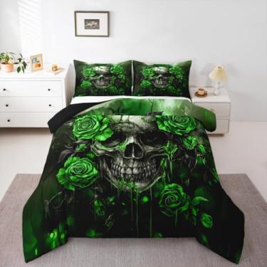 Imagem de Erosebridal Jogo de cama com caveira gótica, rosa, crânio, açúcar, Halloween, para adultos, homens, mulheres, verde, floral, esqueleto, assustador, plantas, rosa, edredom
