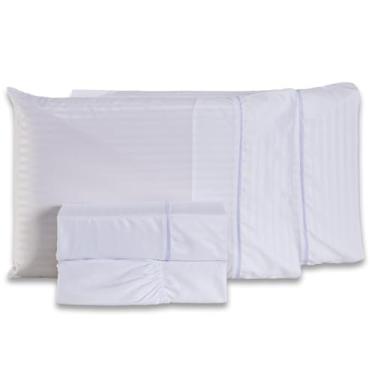 Imagem de Jogo de Cama Lençol SOLTEIRO Mônaco Fitado com Fronha 03 Peças - Tecido Listrado Percal Soft 300 Fios Acetinado Brilhante (Branco)