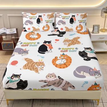 Imagem de AILONEN Jogo de lençol solteiro de 3 peças de desenho animado de gato kawaii, macio, com bolsos profundos de animal adorável com 2 fronhas para decoração de quarto de amante de gatos, microfibra macia