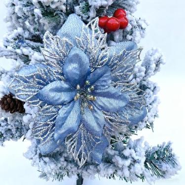 Imagem de YESKY Flores de poinsétia para árvore de Natal, 12 peças de flores de Natal com glitter, flores artificiais de poinsétia com clipes, hastes, enfeites de árvore de Natal para decoração de guirlanda de