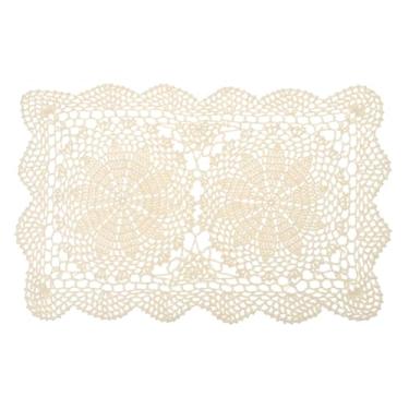 Imagem de Doilies de crochê feitos à mão de 43 x 28 cm, jogo americano de mesa retangular de algodão de poliéster para mesa de jantar, festas de cozinha, bege